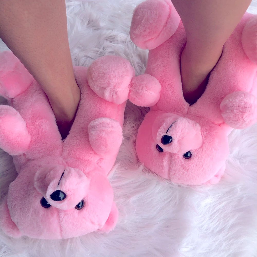 Pink Teddy Bear Plush Indoor Outdoor Slippers - Picture 7 of 11